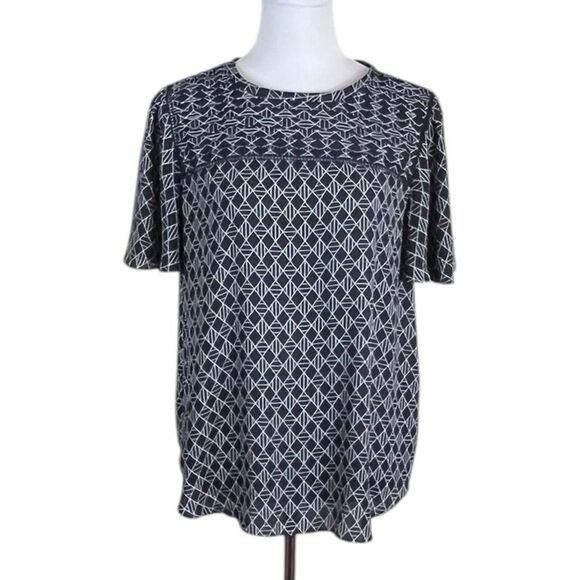 Ann Taylor Dark Navy and White Geometric Short Sleeve Top, Size M - Picture 1 of 7